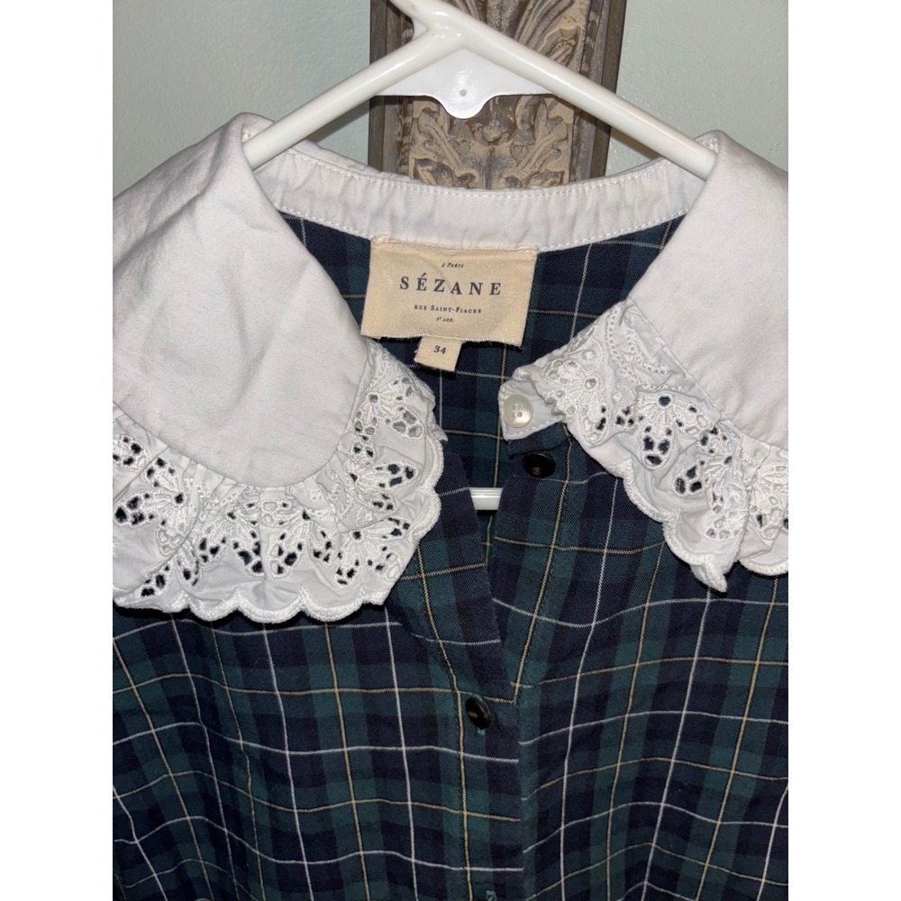Sézane Phoebe Plaid Button Down Shirt Green White Lace Collar 34 US 2
Preppy - Picture 4 of 10